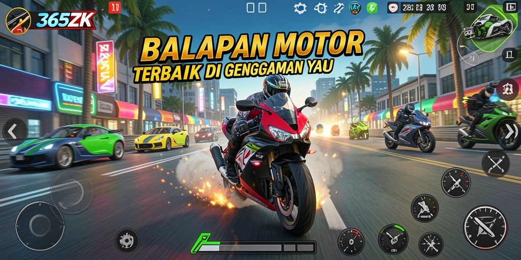 Tampilan gameplay mendebarkan di 365ZK dengan aksi balapan motor yang cepat.