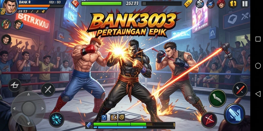 Tangkapan layar BANK303 menampilkan aksi pertarungan seru di arena.
