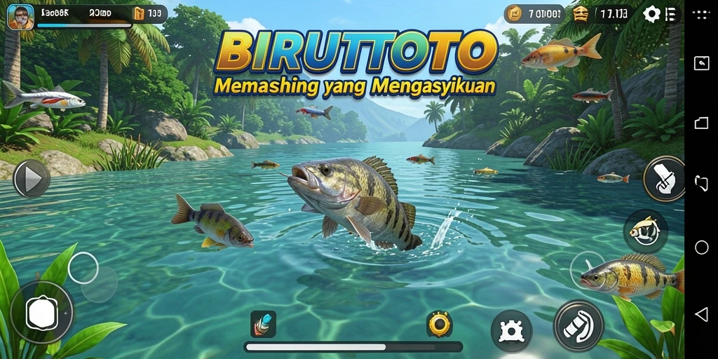 Screenshot gameplay BIRUTOTO dengan aksi memancing yang seru.