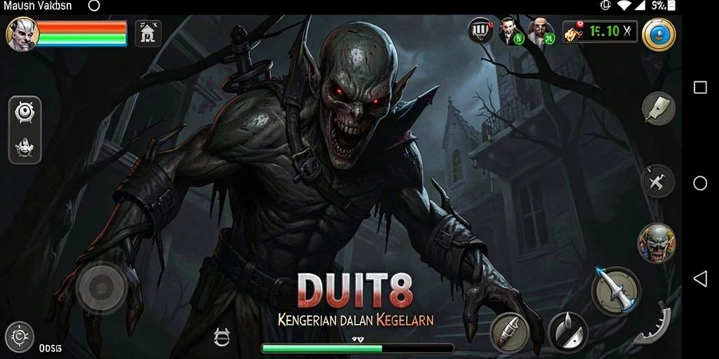 Tampilan gameplay DUIT8 yang menegangkan dan penuh kegelapan.