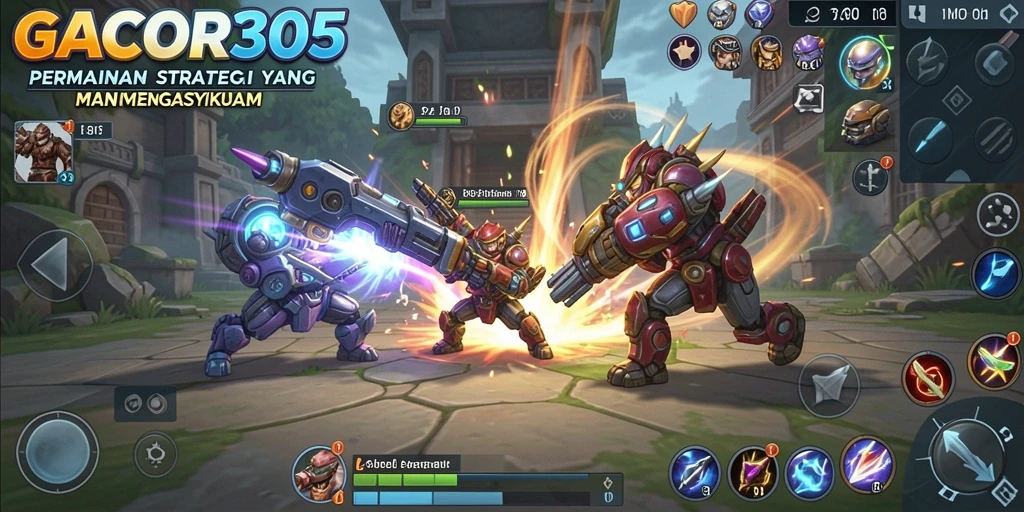 Screenshot utama GACOR305 menampilkan aksi pertempuran seru dalam game SLG.