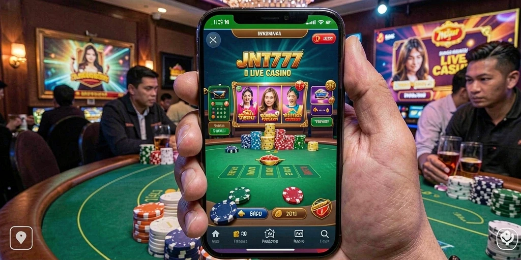 Tampilan screenshot JNT777 menunjukkan dealer langsung dan permainan kasino yang menegangkan.