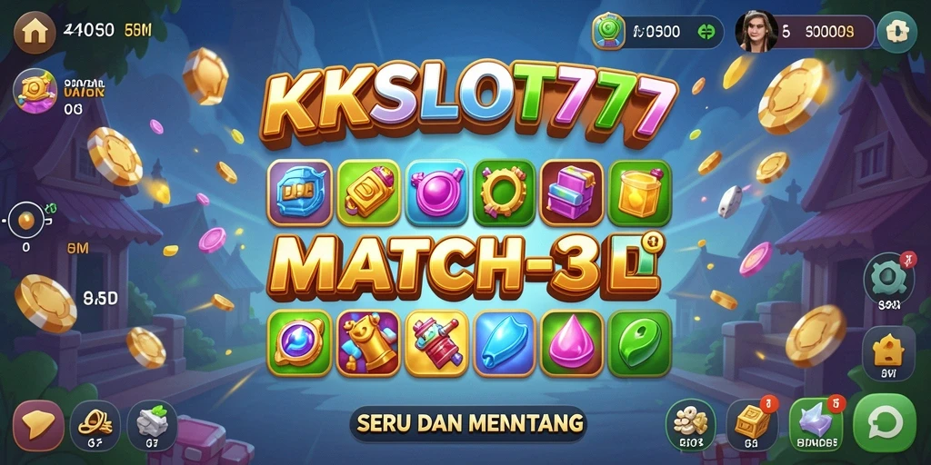 Tampak gameplay KKSLOT777 dengan berbagai kombinasi item Match-3 yang seru.
