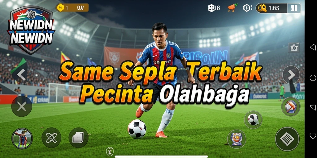 Screenshot gameplay NEWIDN yang menunjukkan aksi seru dalam pertandingan sepak bola.