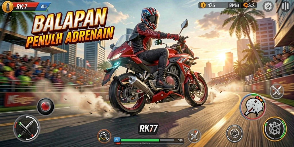 Gameplay memukau dalam balapan motor yang mendebarkan.